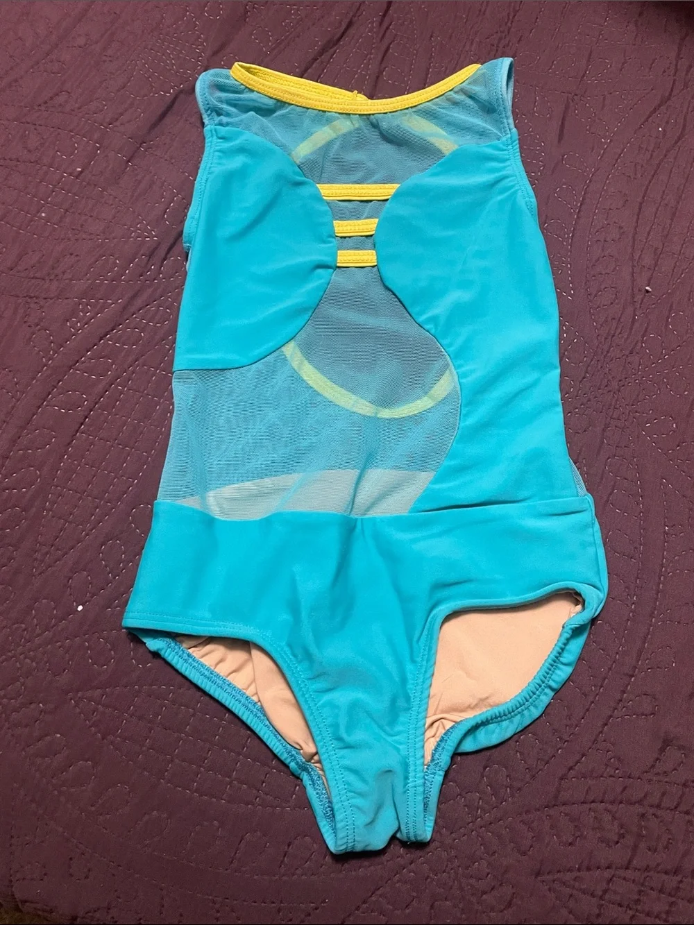 Turquoise and Yellow Mesh One-Piece Leotard